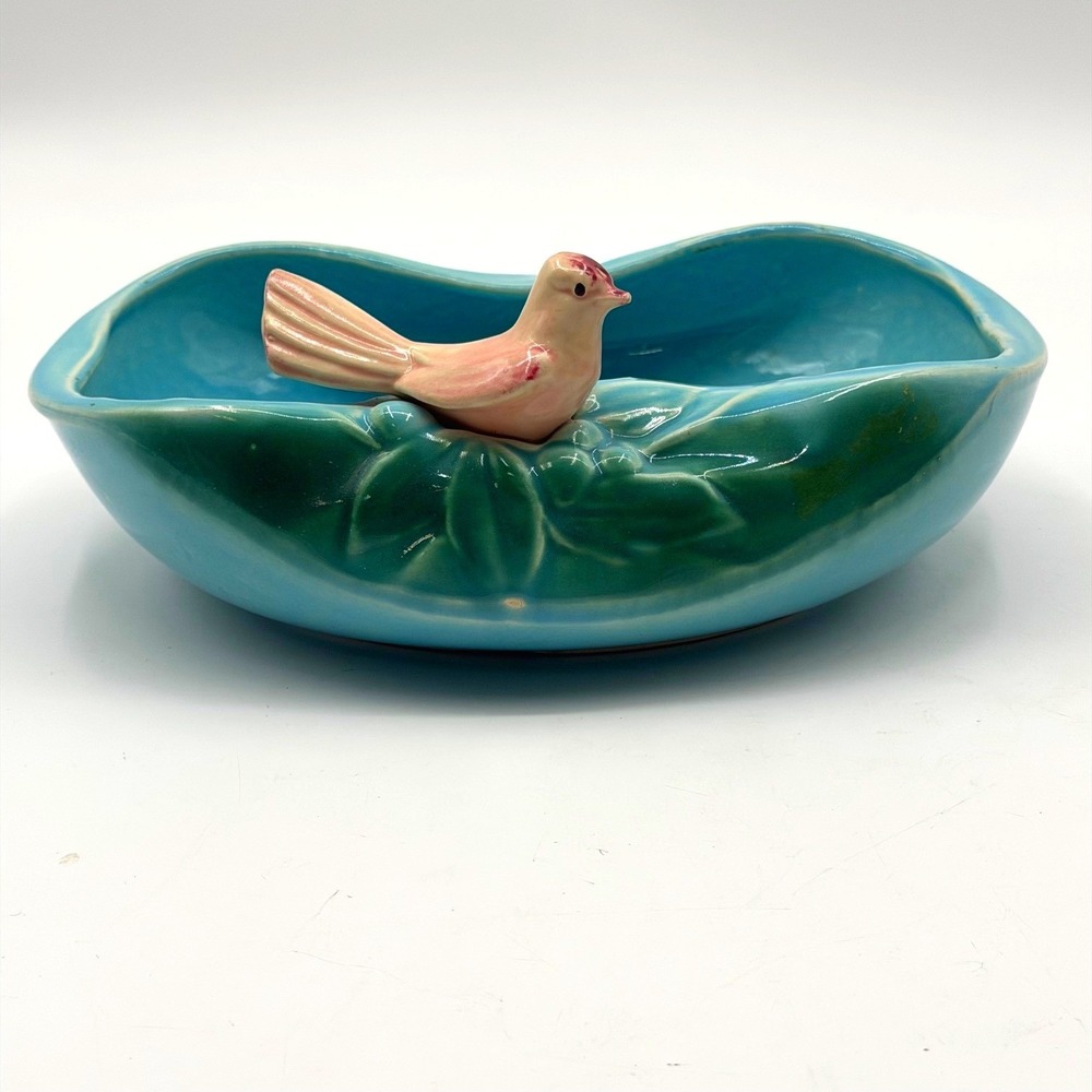 Vintage McCoy Pottery Bird Planter Turquoise Blue Pink Figural Leaf Bowl MCM
